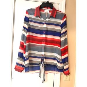 Laundry striped sheer button down tie front blouse